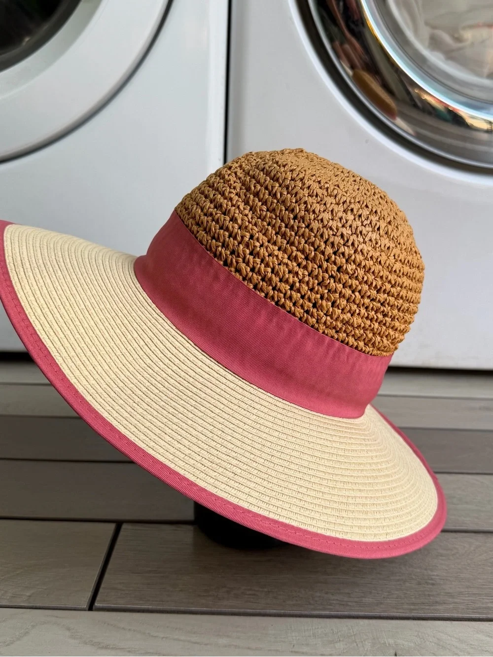 Halogen Wide Brim Sun Hat with Pink Trim and Natural Weave